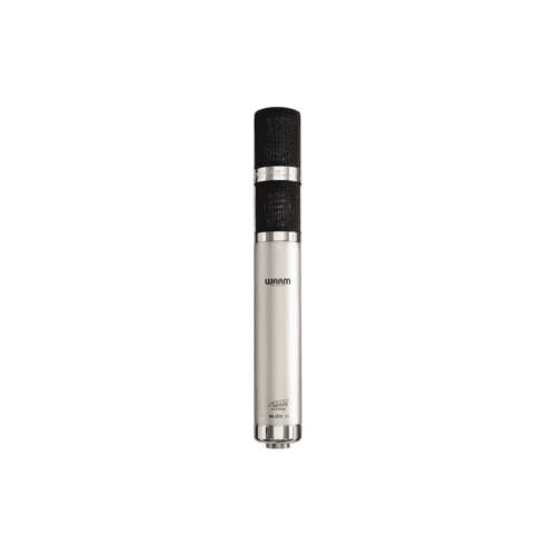 Microphone with a silver body and black top on a white background