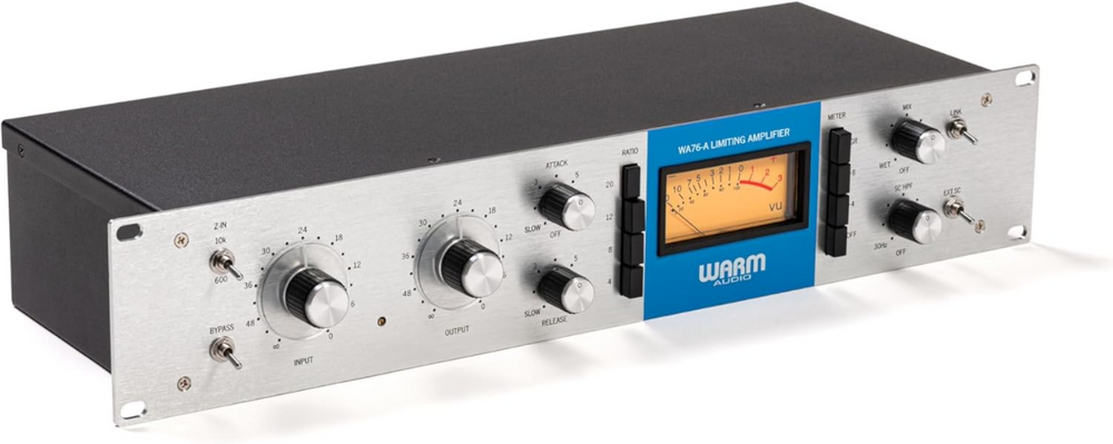 Audio amplifier with control knobs and a display on a white background