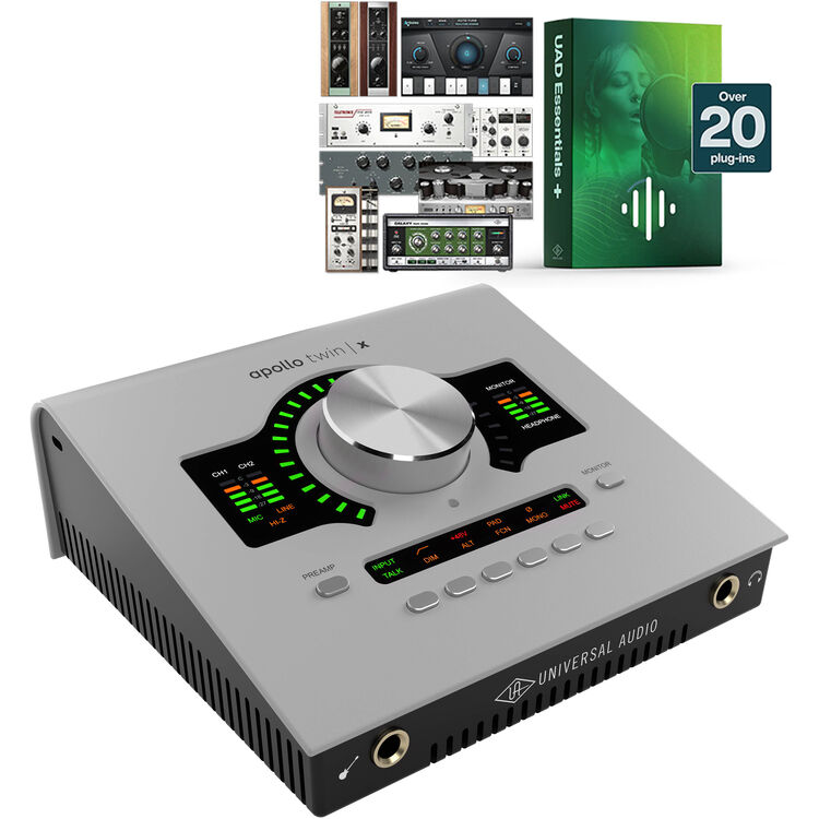Apollo Twin X QUAD Gen 2 Thunderbolt Audio Interface Essentials front view with plugins